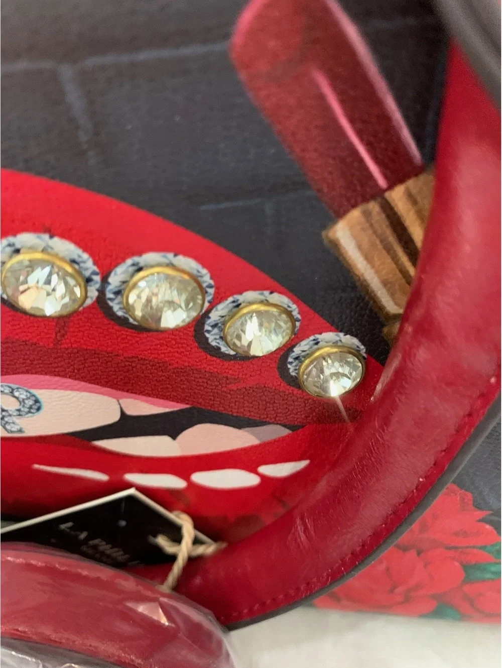 La Philipe Miami Designer Handbag with Red Lip Print and Emb